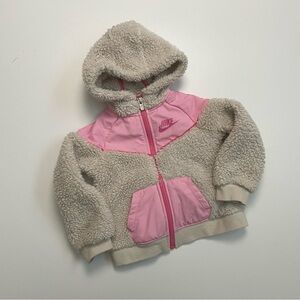 Nike Jacket Hoodie Full Zip Sherpa Fleece Spell Out Pockets Pink Cream Kids 3T